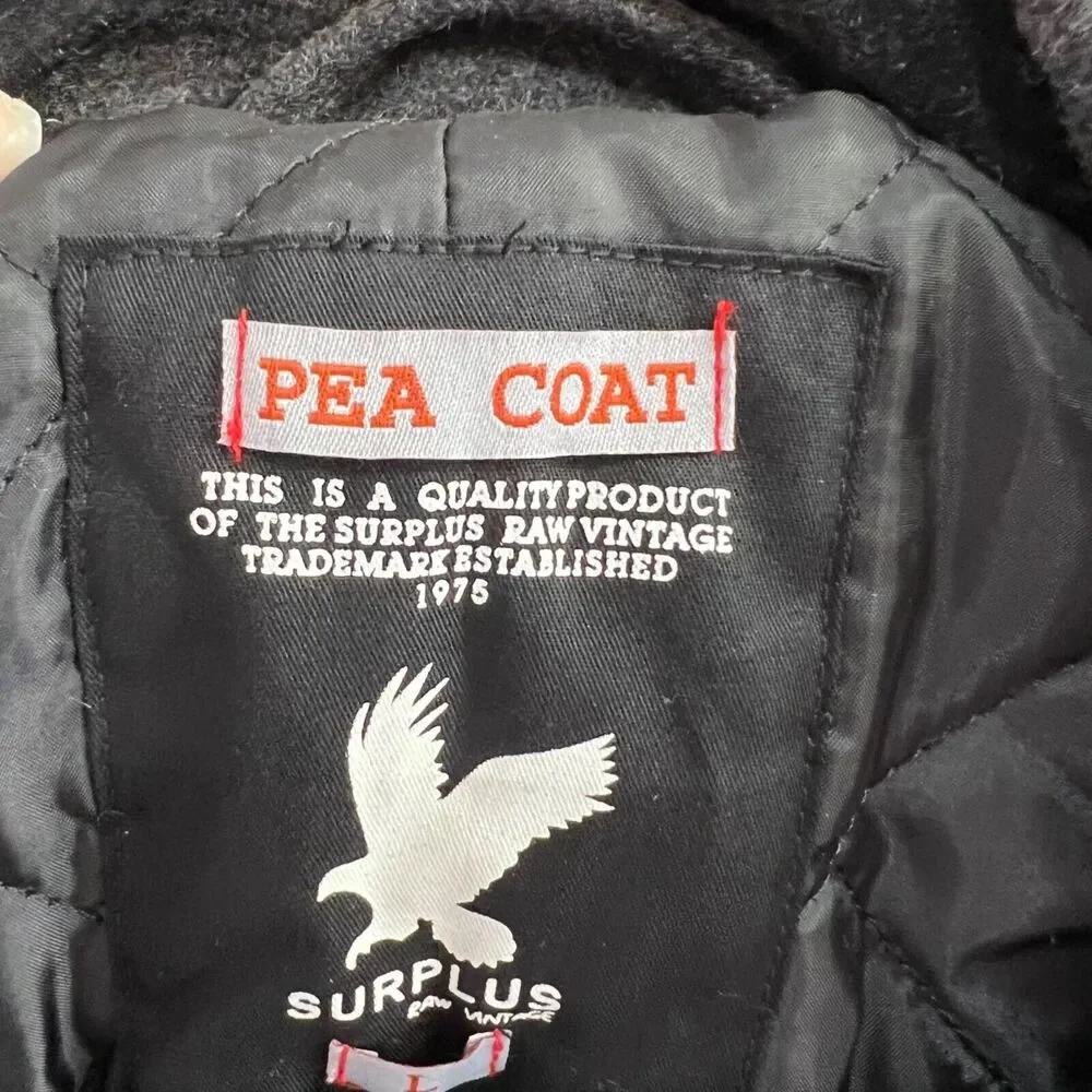 Surplus Raw Vintage Mens Wool Blend Gray Double Breasted Pea Coat Large